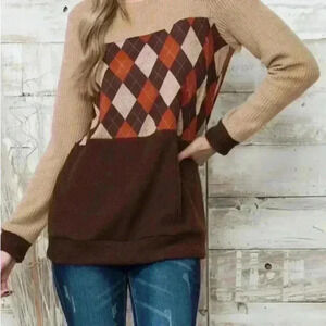 Argyle Soft and Lightweight Long Sleeve Brown Waffle Knit Top Size Medium